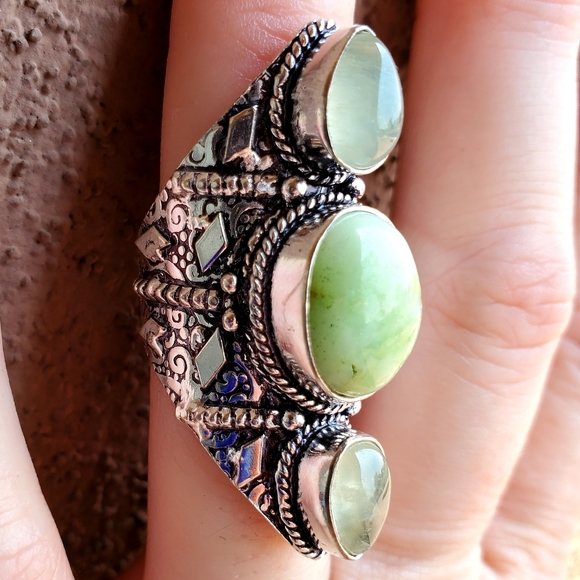 New Chrysoprase and Aquamarine 925 Silver Statement Ring. - Picture 13 of 14